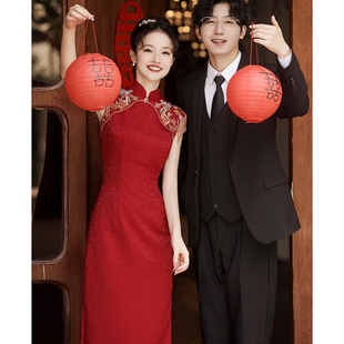 红色旗袍敬酒服新娘，小个子2024中式结婚订婚礼服裙女无袖流苏
