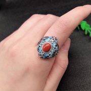 南红玛瑙烧蓝花纹s925银戒指女士宫廷复古做旧指环可调节开口戒子