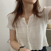 韩版夏季小清新v领露腰短款镂空短袖针织t恤衫上衣简约文艺