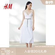 hm女装连衣裙2023夏季时尚，围裹式设计棉质，绉织v领长裙1000247