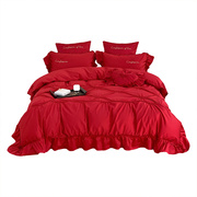 红色婚庆120支长绒棉四件套结婚房荷叶边被套双人1.8米床上用品