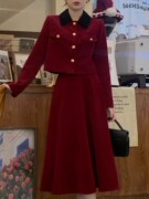 大码女装小香风两件套装裙女秋冬装红色搭配一整套连衣裙