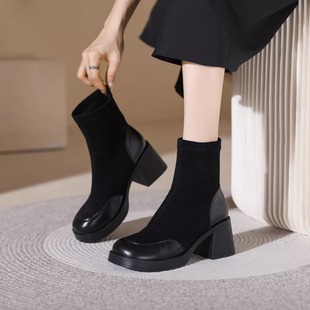 青蕴真皮高跟靴子女秋冬韩系小踝靴今年流行的洋气短靴瘦瘦靴
