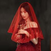 。盖头新娘红色头纱结婚纱礼服秀禾服红中式复古风纱短款蕾丝旅拍