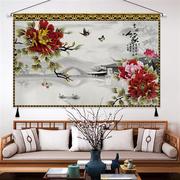 中式挂画布艺牡丹家和万事兴挂毯，客厅装饰画横版电视柜墙画布画