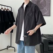 夏季韩版纯色大码复古短袖衬衫男胖子衬衣宽松百搭休闲五分袖上衣