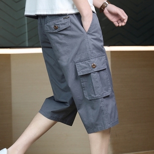 宽松纯棉短裤男士直筒大码夏季薄款高端深灰色七分裤外穿休闲中裤