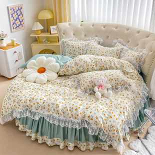 韩式纯棉圆床床裙四件套蕾丝公主，风圆形床罩2米全棉少女心床品2.2