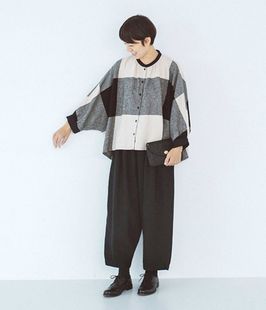 显瘦遮肉3.3万日元2022夏日系贵牌宽松长袖蝙蝠衫麻料格子衬衫