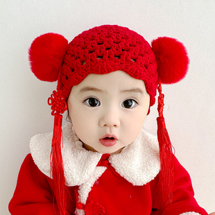 喜庆红色婴儿帽子女宝宝毛球流苏套头帽韩版洋气小公主儿童毛线帽