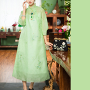 XW025丨青苹果丨新中式真丝欧根纱刺绣长款春夏两件套旗袍礼服裙