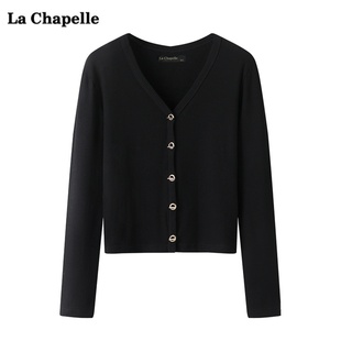 拉夏贝尔/La Chapelle黑色V领长袖针织衫衫女秋季显瘦打底t恤上衣