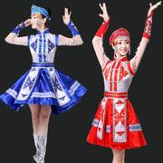 蒙古族舞蹈演出服女筷子舞表演服短裙红色，蒙古袍顶碗舞服装女