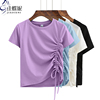 夏季韩版纯白修身显瘦圆领抽绳小心机短袖，体恤上衣紫色女装