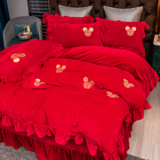 结婚床上用品四件套婚庆红色婚房喜被磨毛床单被罩大红色婚礼被套
