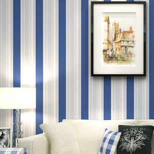地中海风格无纺布墙纸简约现代卧室客厅电视，背景墙蓝色竖条纹壁纸