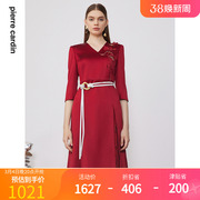 商场同款皮尔卡丹女装秋冬酒红色醋酸长袖连衣裙P3307E3832T0