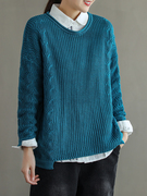 原创不规则设计套头毛衣针织衫女冬季韩版宽松麻花条纹上衣潮