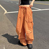 夏日橙色大口袋宽松工装直筒裤高腰显瘦抽绳美式休闲梭织长裤