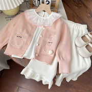 2024春秋粉色开衫，可爱女童宝宝婴儿小兔，球球针织开衫毛衣外套