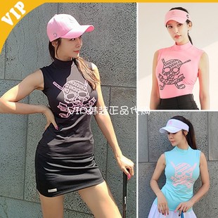 韩国CHUCUCHU 高尔夫上衣女23夏季骷髅头图案修身长款无袖T恤