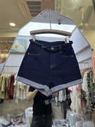 深蓝色牛仔短裤女小众，设计感2024年高腰弹力，显瘦a字阔腿热裤