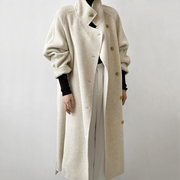韩版立领高端长毛双面羊绒，大衣女宽松中长款羊毛呢外套秋冬季