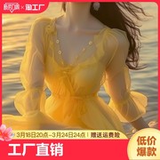 大码黄色雪纺连衣裙女夏2024沙滩，裙女海边度假超仙法式长裙子