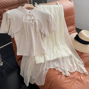 森系文艺感系绳短袖上衣雪纺，纯色半身裙夏季套装时尚，休闲洋气g$31