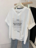个性t恤女设计独特夏v领短袖韩版大码宽松字母，印花褶皱上衣雪纺衫