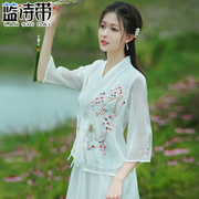 茶艺服刺绣桃花中式禅意采耳师工作，半身裙两件套改良汉服上衣女夏
