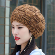 帽子女韩版秋冬针织柔软贝雷帽厚实毛线帽松鼠绒护耳防风帽包头帽