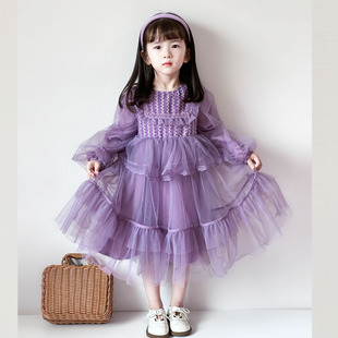 2023童装秋装3-8岁女童紫色，连衣裙纱裙女宝宝，洋气时髦春秋