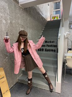 蒋哇塞(蒋哇塞)粉色，皮衣外套女2023秋季美式设计感高级pu皮西装