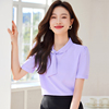 夏季短袖浅紫色衬衫女蝴蝶结系带韩版套头雪纺衬衫上衣两件套