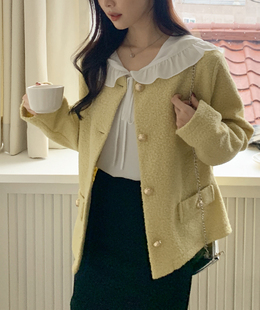 韩国大码女装2023冬装时尚无领针织系扣宽松淑女外套特87