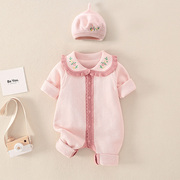婴儿衣服春秋连体毛衣女宝宝，满月公主服可爱粉色，网红爬服套装纯棉