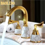 欧式金色三孔面盆水龙头冷热分体式浴室，双把陶瓷套装卫生间洗脸盆
