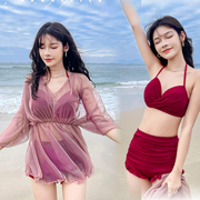 2021年泳衣女分体泡温泉韩版性感时尚长袖三件套网红超仙泳装