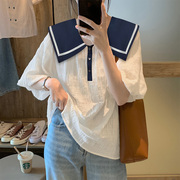 白色衬衫女海军领2023年早秋韩版设计感小众短袖上衣