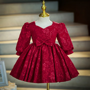 女童生日中袖公主裙高端洋气儿童红色礼服裙一周岁女宝连衣裙秋冬