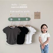 夏季儿童韩版简约褶皱设计t恤2024百搭纯色，短袖上衣t恤女