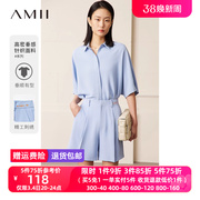 amii2024春装蝙蝠袖衬衫字母，绣花短裤休闲裤套装，女雪纺两件套