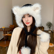 韩版可爱毛绒兔耳朵针织帽子女秋冬户外保暖护耳学生帽加绒雷锋帽