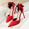 红色婚鞋10cm超高跟蝴蝶结一字，扣带尖头凉鞋女中空浅口细跟职业鞋