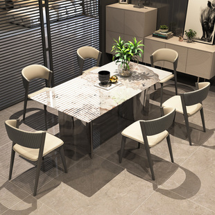 天然超晶石餐厅，高端大理石意式小户型不锈钢，长方形家用餐桌椅组合