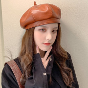 PU皮南瓜帽女生韩版日系英伦复古画家帽子潮学生可爱贝雷帽八角帽