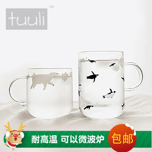 花茶杯zakka日式创意，清新水杯极地杯子北极熊，企鹅玻璃透明情侣杯