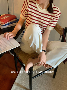 srk红白色法式条纹，针织衫女夏装，2023薄款短袖圆领t恤上衣