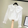 2024韩版洋气长袖白衬衫儿童，蕾丝娃娃领打底上衣女童春秋衬衫